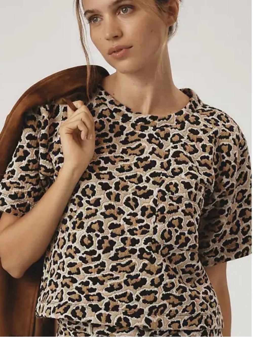 Maeve Leopard Print Textured Cropped T Shirt Women's Size S Short Sleeve Pocket